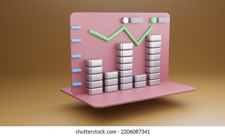 3D graph for successful idea.3D illustration graph.Silver graph on pink background.