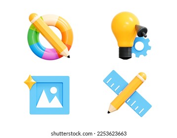 3D Graphic designer tools  Pencil and color wheel  lightbulb  image   pen and ruler  Web design development  Photo editing element  Design   drawing icons set isolated white  3D Rendering