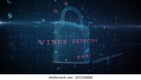 A 3d graphic view of cyber security lock that has cyber crime threats form a computer screen. 