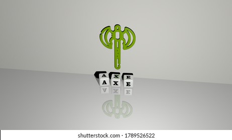 3D graphical image of axe vertically along with text built by metallic cubic letters from the top perspective, excellent for the concept presentation and slideshows. illustration and background