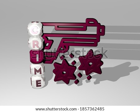 3D graphical image of crime vertically along with text built around the icon by metallic cubic letters from the top perspective excellent for the concept presentation and slideshows, 3D illustration