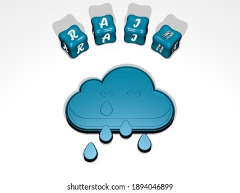 3D graphical image of RAIN vertically along with text built around the icon by metallic cubic letters from the top perspective, excellent for the concept presentation and slideshows, 3D illustration