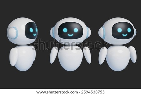 3D graphics of AI robot character standing at attention with smiling face