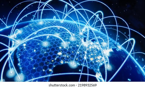 3D Graphics Concept: Spinning Earth Seen From Space Covered In Digitalization Network Covering Planet, Sharing Rays Of Information Between Cities. Global Data Grid Connecting The Whole World.