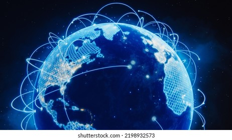 3D Graphics Concept: Spinning Earth Seen From Space, Covered In Digitalization Grid Network Covering Planet, Sharing Rays Of Information Between Cities. Global Data Network Connecting The Whole World