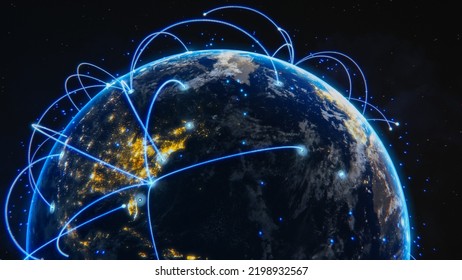 3D Graphics Concept: Spinning Planet Earth Seen From Space Sharing Rays Of Information Between Cities. Global Network Connecting The Whole World. Digitalization Of E-Commerce, E-Business