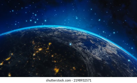 3D Graphics Concept: Spinning Planet Earth Seen From Space Sharing Rays Of Information Between Cities. Global Digital Data Network Connecting The Whole World. Digitalization Of E-Commerce, E-Business