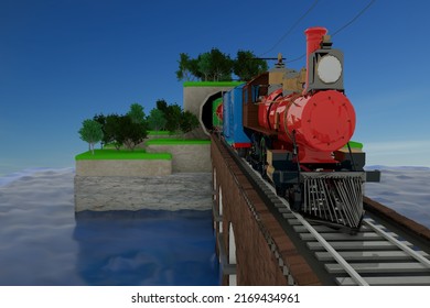 3D Graphics, Illustration Of A Train With Cars On A Railway Bridge. Freight Train, Railway, Train Leaves The Tunnel.