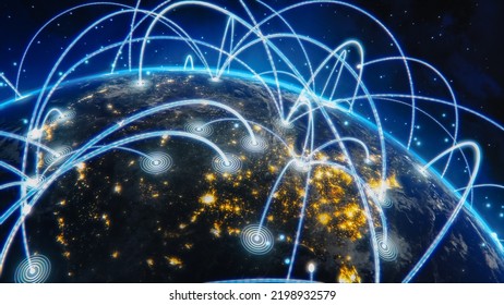 3D Graphics: Spinning Planet Earth Seen From Space Sharing Rays Of Information Between Cities. Global Digital Data Network Connecting The Whole World. Digitalization Of E-Commerce, E-Business