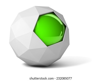 3d Gray Polyhedron On White Background With A Sphere In It.