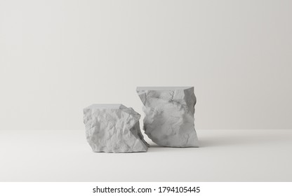 3D Gray stone podium display set. Copy space white background. Cosmetics or beauty product promotion mockup.  Natural rough grey rock step pedestal. Trendy minimalist banner, 3D render illustration.