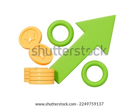 3D Green arrow percent with stack coin. Bank credit concept. Interest rate. Financial saving rising. Money inflation and tax. Cartoon creative design icon isolated on white background. 3D Rendering