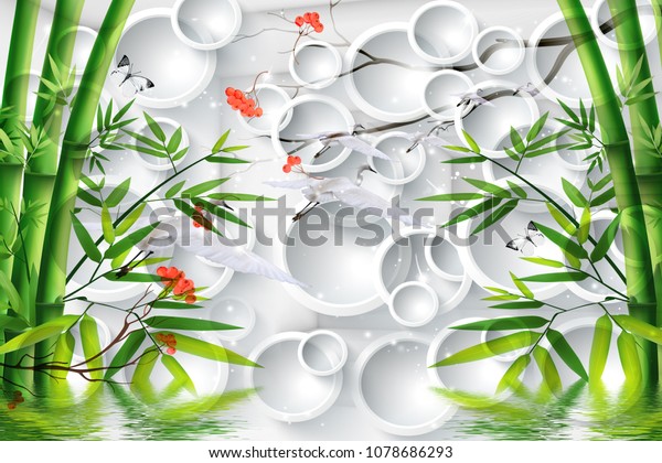3d Green bamboo with white circles background.