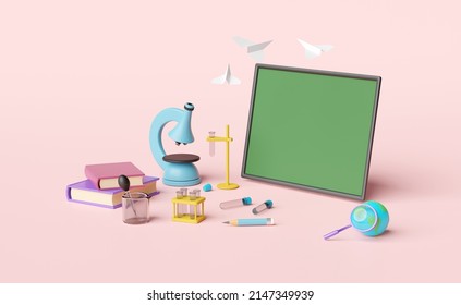 3d green blackboard with globe, paper plane, magnifying, microscope, beaker, test tube isolated on pink background. room online innovative education, e-learning concept,  3d render illustration - Powered by Shutterstock