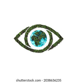 3D Green EYE with World Map Cornea. World sight day, Planet Earth Day, or Environment day Concept. World Forestry Day. Eco-friendly theme with green trees, blue water, mountain on white background.