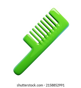 3d green hair brush. Rendering illustration of children handle comb isolated on white background. Barber salon accessory. Hair care service equipment. Cute cartoon toy design.  Coiffure item icon. 