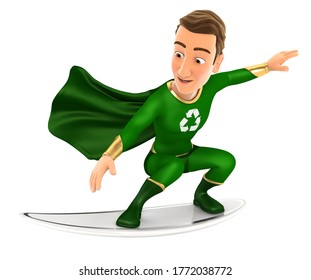 3d green hero surfing on a surfboard, illustration with isolated white background - Powered by Shutterstock