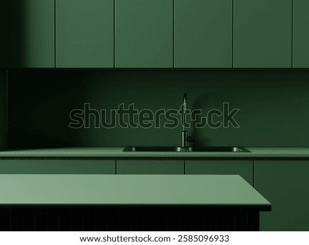 3D Green Kitchen Background. Copy space for product display. Eco Bio Green Concept. Minimal 3d rendering.