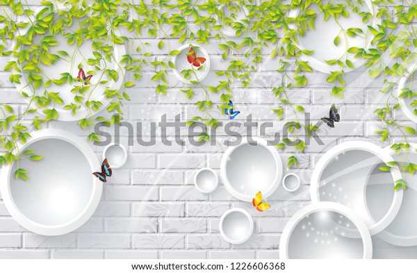 3D green leaves on bricks background with effects, wallpaper for walls.