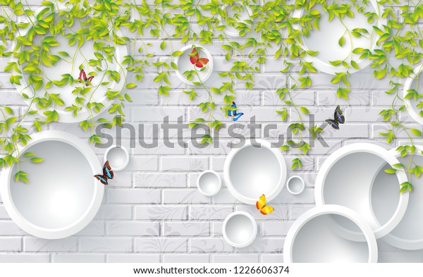 3d leaves on bricks design for custom-made wallpaper mural