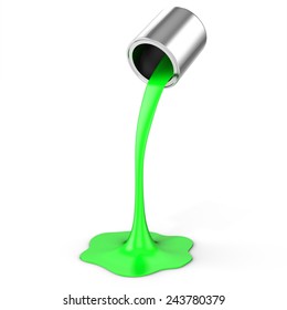 3d Green Paint Pouring From Bucket  On White Background