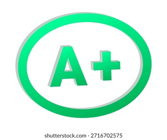 A 3D green A plus grade icon inside a circular outline. Represents excellence, high quality, top performance, evaluation results, and academic or professional achievement.