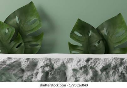 3D Grey Stone Pedestal, Display With Monstera Palm Leaves. White Rock Step Podium, Jungle Summer Exotic Background.  Natural Beauty Abstract Trendy Tropical Leaf. 3D Render Illustration Banner Mockup 