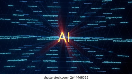 3D grid visualizing AI applications in healthcare, education, logistics, and more. Immersive glowing keyword network forms a futuristic tech background, presentations, or enterprise visuals. 3D render