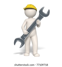 3d guy holding a spanner in his hands representing a service symbol - Isolated
