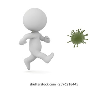 A 3D guy is kicking away a virus. Image isolated on white background.