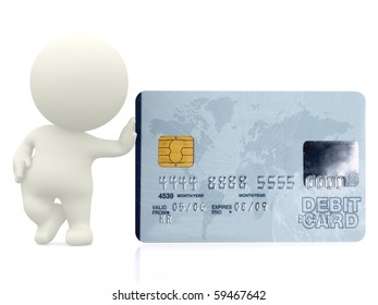 3D guy leaning on a debit card - isolated over a white background