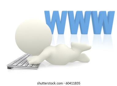 3D guy typing on keyboard and www on the background - isolated