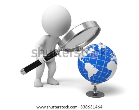 The 3d guy are watching the globe with a magnifier
