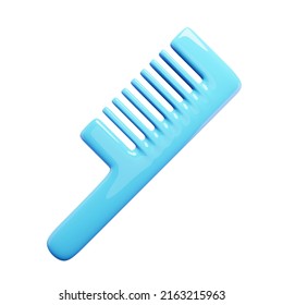3d hairbrush beauty icon. Rendering illustration of blue children plastic  hair brush with handle isolated on white background. Cartoon cute toy design. Comb for barber salon care equipment.