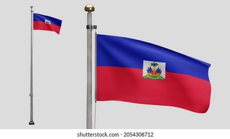 3D, Haitian Flag Waving On Wind. Close Up Of Haiti Banner Blowing, Soft And Smooth Silk. Cloth Fabric Texture Ensign Background. Use It For National Day And Country Occasions Concept.