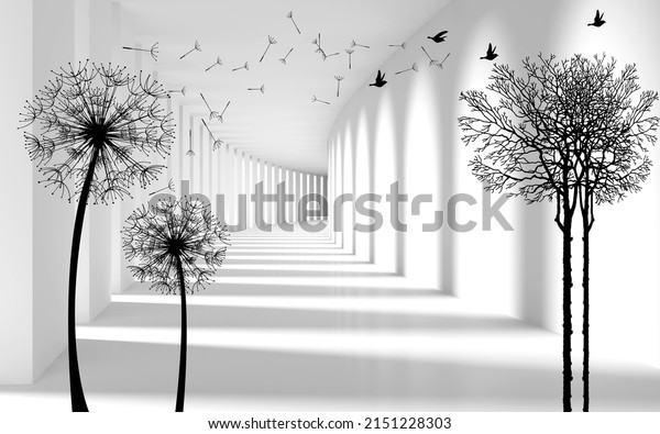 3d black & white wall art with Dandelions and and birds flying over a tree. design for 3d wallpaper, wall murals, etc.