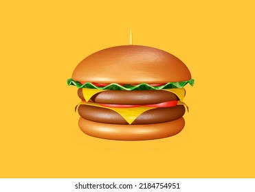 3D Hamburger With Tomato, Sauce, Shredded Lettuce, And Cheese. Fast Food Burger 3d Renderings.