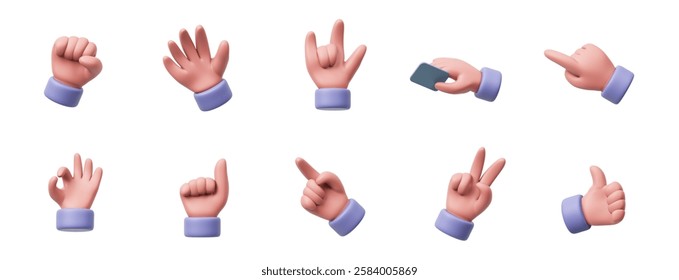 3D Hand Gestures. A versatile set of 10 hands displaying various gestures, including thumbs up, pointing, peace sign, ok sign, holding credit card, fist, and love sign. clipping path. 3D illustration.