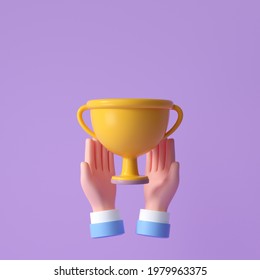 3D Hand Hold Yellow Trophy Cup. Celebration, Winner, Champion And Reward Concept. 3d Render Illustration