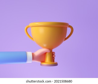 3D Hand Hold Yellow Trophy Cup. Celebration, Winner, Champion And Reward Concept. 3d Render Illustration