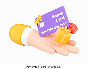 3D Hand holding Bonus card and gift boxes. Loyalty program. Discount coupon or sale voucher. Special e-commerce. Cartoon creative design icon isolated on white background. 3D Rendering - Powered by Shutterstock