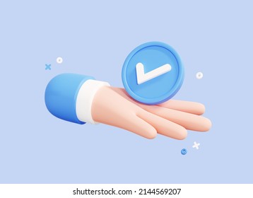 3D Hand Holding Check Mark Sign. Businessman Choose Option With Checkmark. Approval Concept. Positive User Vote Or Choice. Cartoon Creative Design Icon Isolated On Blue Background. 3D Rendering