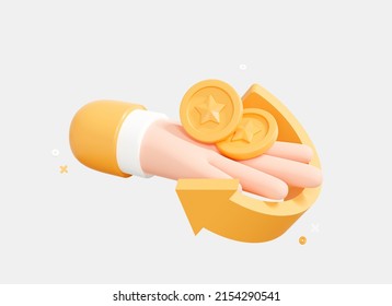 3D Hand Holding Coin With Arrow. Cashback Concept. Return Money For Online Purchases. Cash Back Offer. Refund For Shopping. Cartoon Creative Design Icon Isolated On White Background. 3D Rendering