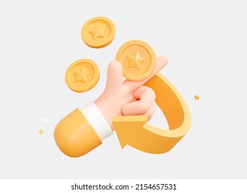 3D Hand Holding Coin With Arrow. Cashback Concept. Return Money For Online Purchases. Cash Back Offer. Refund For Shopping. Cartoon Creative Design Icon Isolated On White Background. 3D Rendering