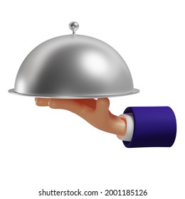 3d hand holding a dish with a lid, serving hot dishes, isolated illustration on a white background, 3d rendering - Powered by Shutterstock