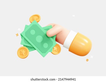 3D Hand holding dollar banknote with coin. Saving money concept. Fast payment and loan. Money investment and business commerce. Cartoon creative design icon isolated on white background. 3D Rendering - Powered by Shutterstock