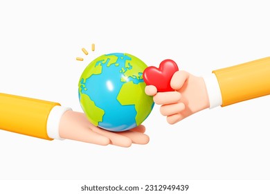 3D Hand holding Earth and Heart. Happy Earth Day. Save planet. Protect environment concept. Eco green life. Ecology and nature. Cartoon creative design isolated on white background. 3D Rendering - Powered by Shutterstock