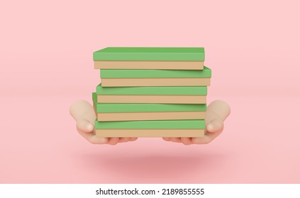 3d Hand Holding Green Pizza Box Stack Float Isolated On Pink Background. Express Food Delivery Service Concept, 3d Render Illustration