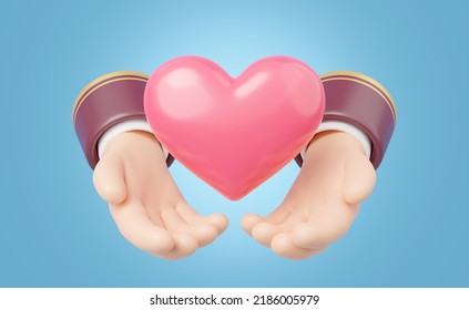 3D Hand holding heart icon. Cartoon pink heart float on red arm isolated blue background. Give or send love. Valentine's Day, World health day, Donate and family insurance concept. 3D icon rendering. - Powered by Shutterstock