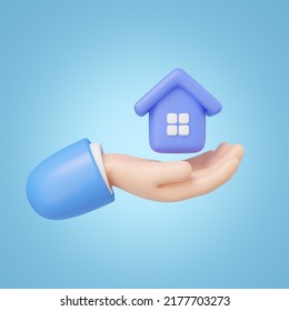 3D Hand Holding Home Icon. Toy House In Hand Floating Isolated On Blue Background. Investment, Real Estate, Mortgage, Offer Of Purchase House, Loan Concept. Mockup Cartoon Minimal Icon. 3d Rendering.